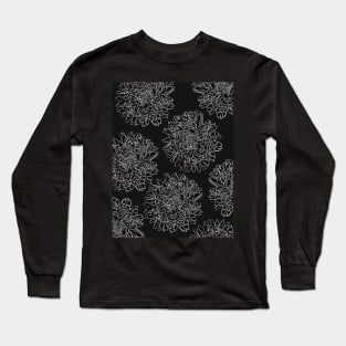 The beautiful pattern with White lineart dahlias on black background Long Sleeve T-Shirt